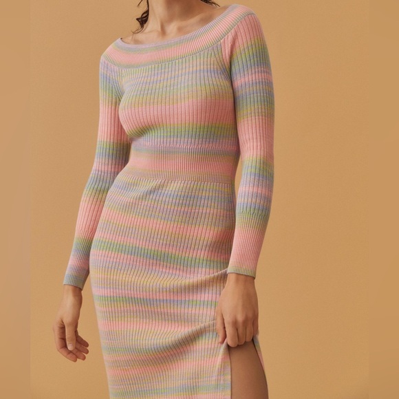 NWOT Anthropologie Daily Practice Rainbow Striped Sweater Midi Dress Pink Combo - Picture 2 of 6